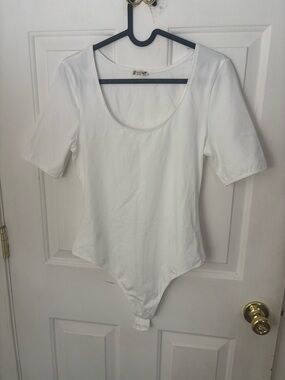 Free People White Scoop Neck Short Sleeve Bodysuit